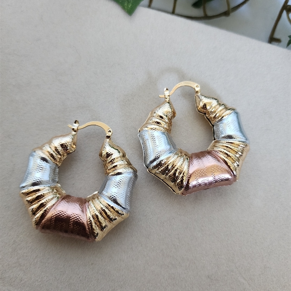 Tricolor Gold Filled Chunky Hoop Earrings Greek Key Design